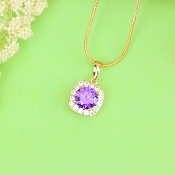 "Purple Round Stone Pendant in Gold Plated Brass with Crystal Halo, XPPT1772 - Picture 2 of 13